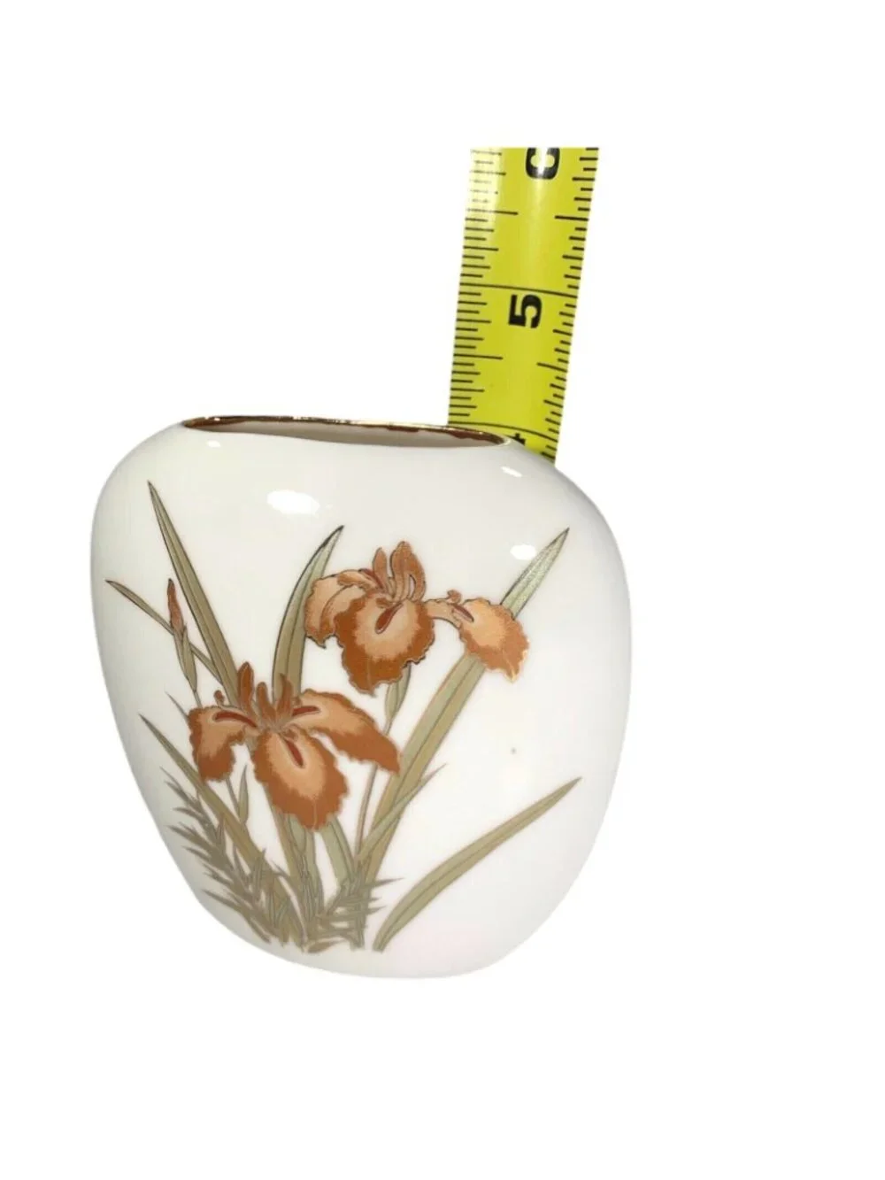 Vtg Japan Pillow Vase Iris Floral Metallic Gold Etched Glazed Copper Green 4.25